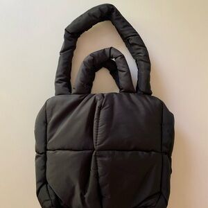 NEW Super Puffy Nylon Tote Quilted Puffer Bag Shoulder Straps Handles Black